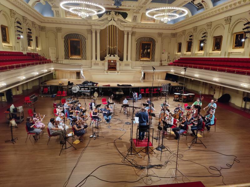 Gil Rose and Boston Modern Orchestra Project recording in Mechanics Hall, Worcester, Mass. Gil Rose and Boston Modern Orchestra Project recording in Mechanics Hall, Worcester, Mass.