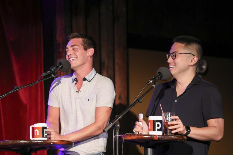 Comedians and Las Culturistas hosts Matt Rogers and Bowen Yang face off in a game on Ask Me Another at the Bell House in Brooklyn, New York. Comedians and Las Culturistas hosts Matt Rogers and Bowen Yang face off in a game on Ask Me Another at the Bell House in Brooklyn, New York.