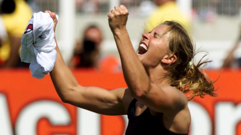 Brandi Chastain after scoring the game-winning goal in the penalty shootout in the 1999 World Cup Final. Brandi Chastain after scoring the game-winning goal in the penalty shootout in the 1999 World Cup Final.
