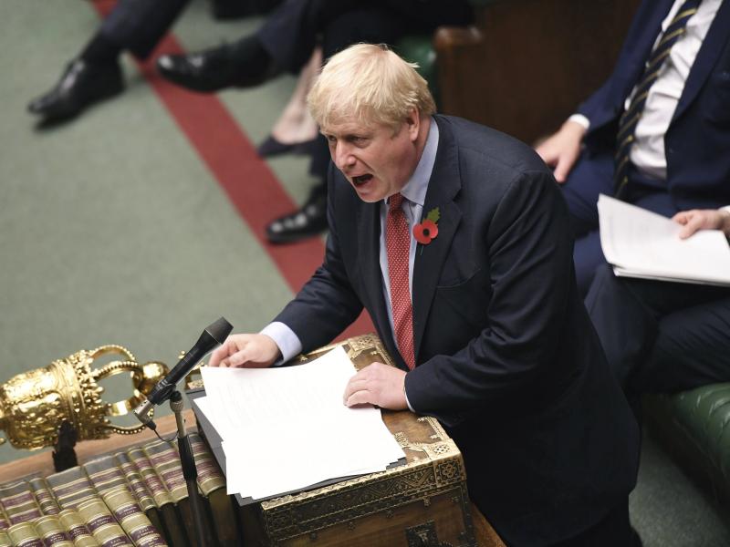 Britain's Prime Minister Boris Johnson talks during the debate on the Early Parliamentary General Election Bill in the House of Commons, London, Tuesday, Oct. 29, 2019. Britain's Prime Minister Boris Johnson talks during the debate on the Early Parliamentary General Election Bill in the House of Commons, London, Tuesday, Oct. 29, 2019.