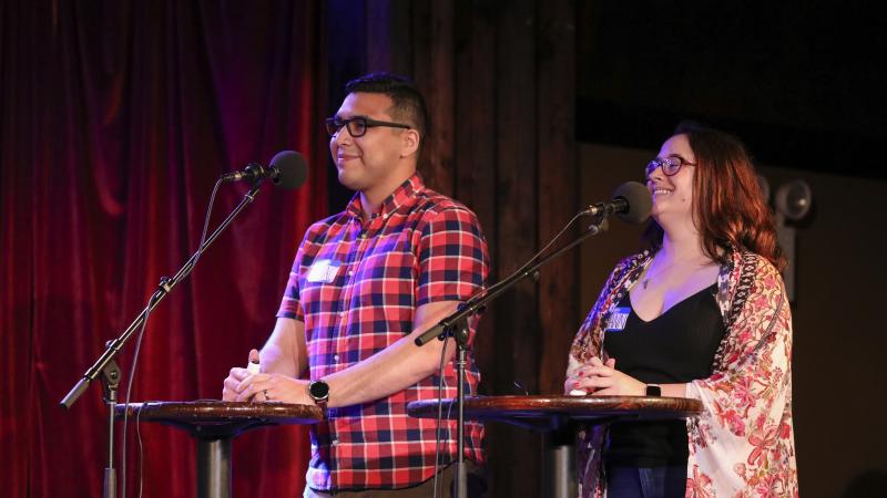 Contestants Isaac Villicana and Ryann Greenberg appear on Ask Me Another at the Bell House in Brooklyn, New York. Contestants Isaac Villicana and Ryann Greenberg appear on Ask Me Another at the Bell House in Brooklyn, New York.