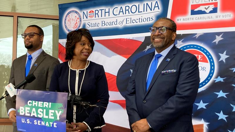 Democratic U.S. Senate candidate Cheri Beasley, center, laughs with husband Curtis Owens, right, at a campaign event in February while son Matthew Owens watches. Beasley won the Democratic Senate primary Tuesday, according to the AP. Democratic U.S. Senate candidate Cheri Beasley, center, laughs with husband Curtis Owens, right, at a campaign event in February while son Matthew Owens watches. Beasley won the Democratic Senate primary Tuesday, according to the AP.
