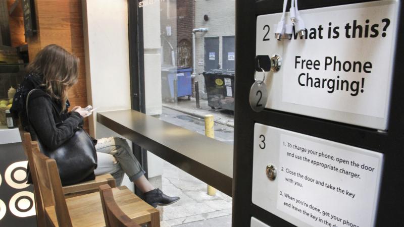 Customers at Honeygrow in Philadelphia can charge their cellphones while they dine using one of Doug Baldasare's kiosks. Customers at Honeygrow in Philadelphia can charge their cellphones while they dine using one of Doug Baldasare's kiosks.