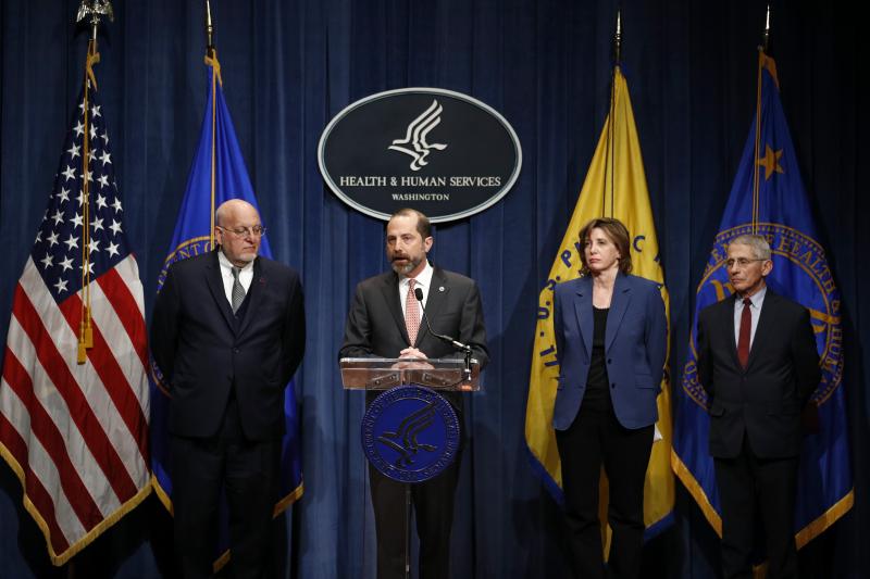 Dr. Nancy Messonnier joins other officials during an early coronavirus briefing in January 2020: Dr. Robert Redfield (left), then CDC director; Alex Azar (center), then Department of Health and Human Services secretary; and Dr. Anthony Fauci. Dr. Nancy Messonnier joins other officials during an early coronavirus briefing in January 2020: Dr. Robert Redfield (left), then CDC director; Alex Azar (center), then Department of Health and Human Services secretary; and Dr. Anthony Fauci.