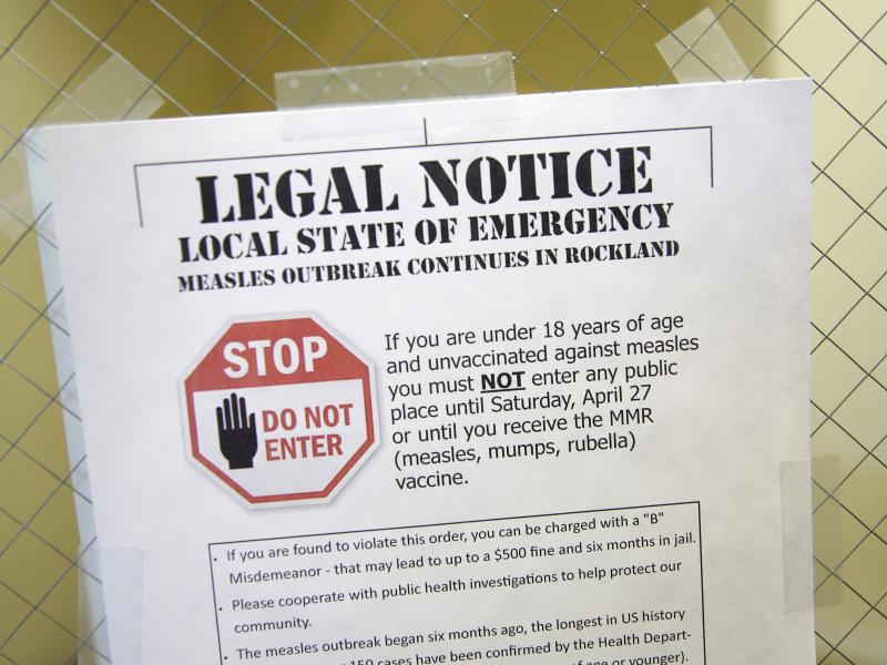 A sign explaining the local state of emergency because of a measles outbreak at the Rockland County Health Department in Pomona, N.Y. A sign explaining the local state of emergency because of a measles outbreak at the Rockland County Health Department in Pomona, N.Y.
