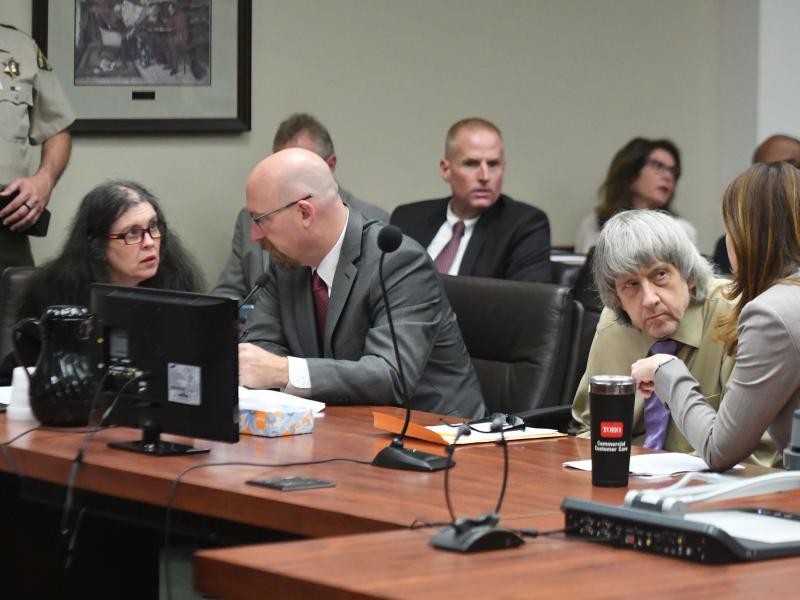 Louise and Daivd Turpin, who pleaded guilty to 14 felony counts for the abuse of 12 their 13 children, listened on Friday as two of their adult children testified in court. Louise and Daivd Turpin, who pleaded guilty to 14 felony counts for the abuse of 12 their 13 children, listened on Friday as two of their adult children testified in court.