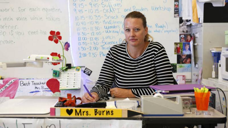Heather Burns at Martin Elementary School in South San Francisco, where she now teaches third grade. Burns was diagnosed with breast cancer in 2016 and had to pay for her own substitute while on sick leave. Heather Burns at Martin Elementary School in South San Francisco, where she now teaches third grade. Burns was diagnosed with breast cancer in 2016 and had to pay for her own substitute while on sick leave.