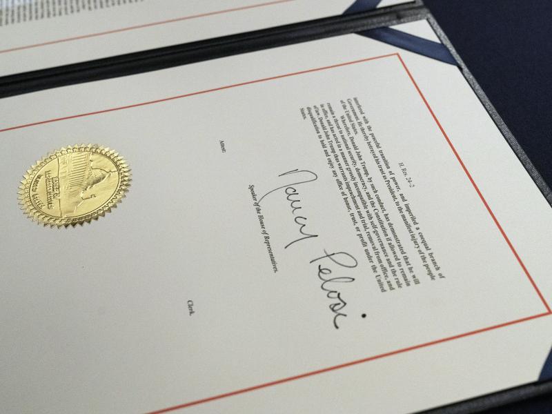House Speaker Nancy Pelosi's signature is seen on the single article of impeachment against President Trump. The case against the president now moves to the U.S. Senate, which will consider the article after Trump is no longer in office. House Speaker Nancy Pelosi's signature is seen on the single article of impeachment against President Trump. The case against the president now moves to the U.S. Senate, which will consider the article after Trump is no longer in office.