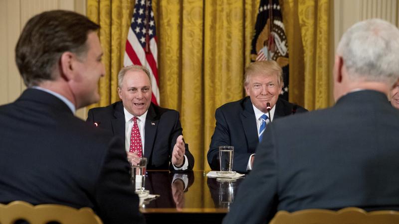 President Trump listens as House Majority Whip Steve Scalise of Louisiana speaks during a meeting with the Republican House whip team about the proposed health bill. President Trump listens as House Majority Whip Steve Scalise of Louisiana speaks during a meeting with the Republican House whip team about the proposed health bill.