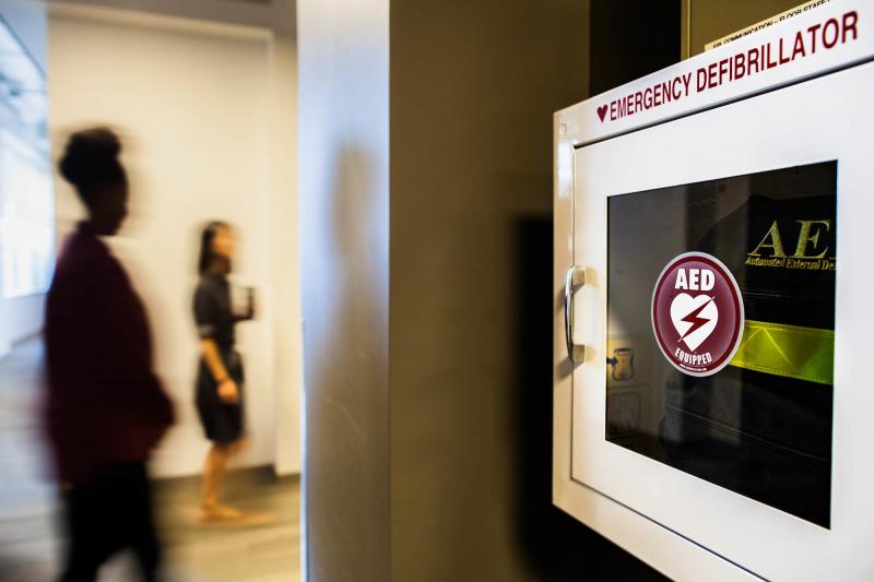About 10,000 cardiac arrests happen in workplaces each year, according to the American Heart Association. Using an automatic external defibrillator can increase the chance of survival. About 10,000 cardiac arrests happen in workplaces each year, according to the American Heart Association. Using an automatic external defibrillator can increase the chance of survival.