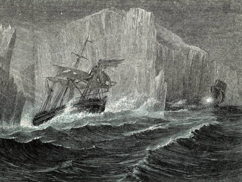 The Erebus and the Terror among icebergs, as illustrated in The Polar World by G. Hartwig in 1874. Sir John Franklin, British naval officer and arctic explorer, commanded the 1845 expedition of the ships to search for the Northwest Passage. All members of The Erebus and the Terror among icebergs, as illustrated in The Polar World by G. Hartwig in 1874. Sir John Franklin, British naval officer and arctic explorer, commanded the 1845 expedition of the ships to search for the Northwest Passage. All members of