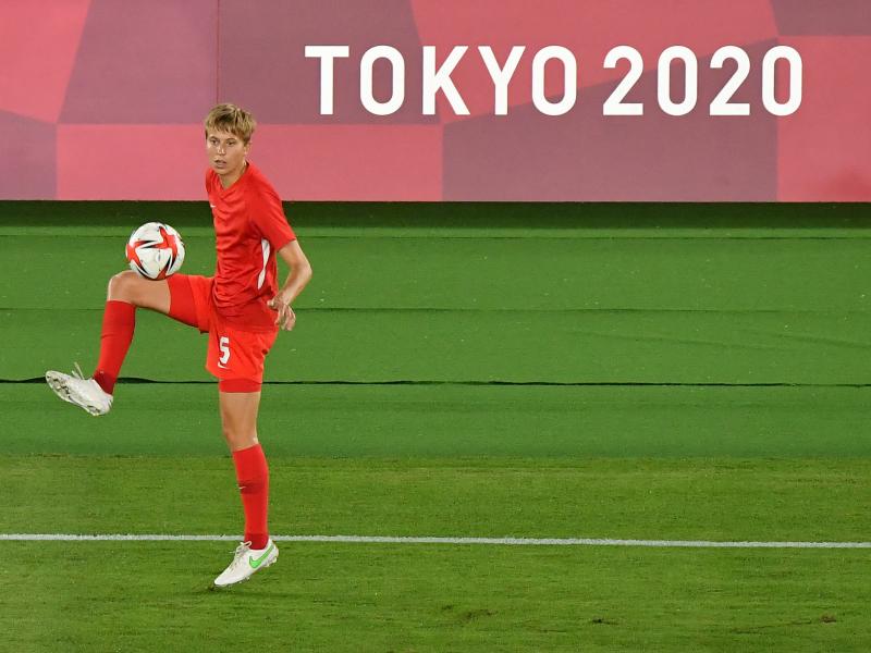 Canada's midfielder Quinn warms up prior to the Tokyo Olympics women's final soccer match between Sweden and Canada on Aug. 6. Canada's midfielder Quinn warms up prior to the Tokyo Olympics women's final soccer match between Sweden and Canada on Aug. 6.