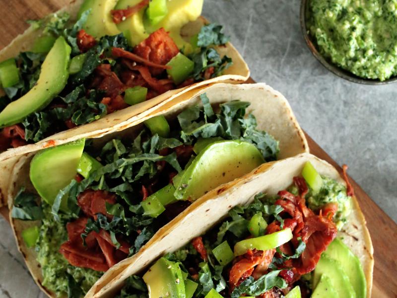 Pesto and pulled jackfruit tacos. In Southern California, working-class Mexican-American chefs are giving traditionally meaty dishes a vegan spin. Pesto and pulled jackfruit tacos. In Southern California, working-class Mexican-American chefs are giving traditionally meaty dishes a vegan spin.