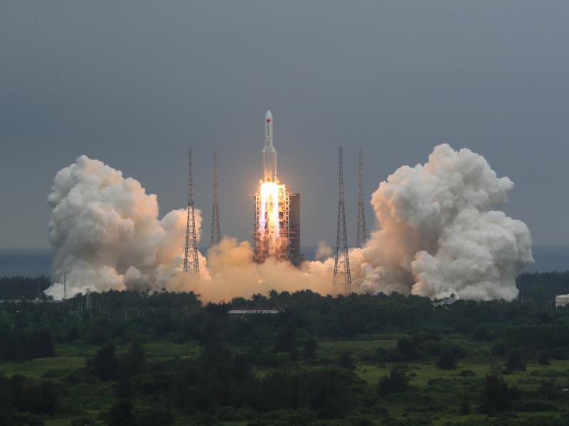 in this April 29, 2021, file photo released by China's Xinhua News Agency, a Long March 5B rocket carrying a module for a Chinese space station lifts off from the Wenchang Spacecraft Launch Site in Wenchang in southern China's Hainan Province. in this April 29, 2021, file photo released by China's Xinhua News Agency, a Long March 5B rocket carrying a module for a Chinese space station lifts off from the Wenchang Spacecraft Launch Site in Wenchang in southern China's Hainan Province.