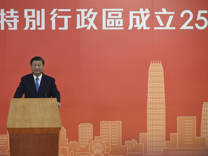 China's President Xi Jinping delivers a speech after arriving for the upcoming handover anniversary by train in Hong Kong, Thursday, June 30, 2022. China's President Xi Jinping delivers a speech after arriving for the upcoming handover anniversary by train in Hong Kong, Thursday, June 30, 2022.