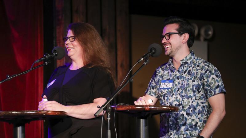 Contestants Alysa O'Shea and Mike Racioppa appear on Ask Me Another at the Bell House in Brooklyn, New York. Contestants Alysa O'Shea and Mike Racioppa appear on Ask Me Another at the Bell House in Brooklyn, New York.