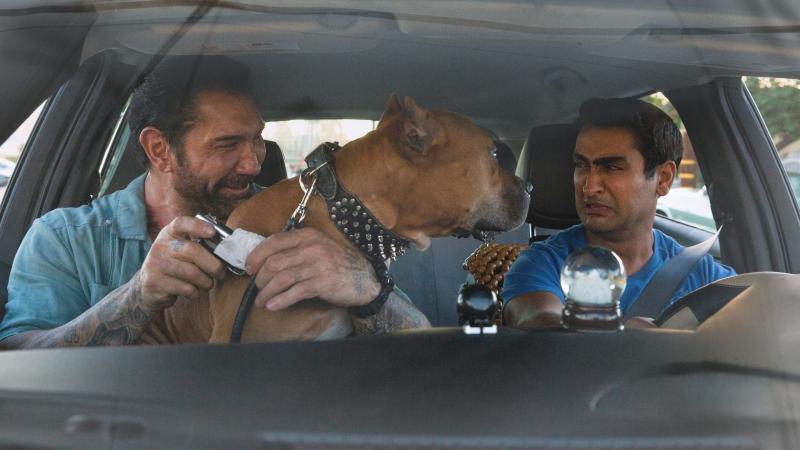 Somebody's Uber rating is taking a hit. L to R: Vic (Dave Bautista), Stroker (Pico) and Stu (Kumail Nanjiani) in Stuber. Somebody's Uber rating is taking a hit. L to R: Vic (Dave Bautista), Stroker (Pico) and Stu (Kumail Nanjiani) in Stuber.