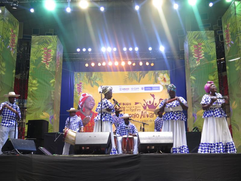 Elena Hinestrosa and her ensemble, Integración Pacífica, perform at one of Petronio Alvarez Music Festival's educational panels. Elena Hinestrosa and her ensemble, Integración Pacífica, perform at one of Petronio Alvarez Music Festival's educational panels.