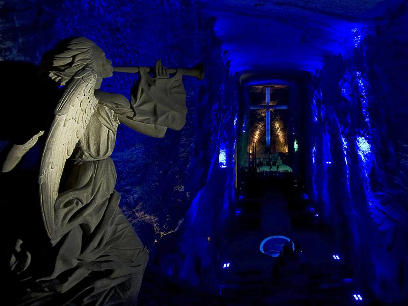 The Salt Cathedral of Zipaquirá is an underground church built inside a salt mine, and made entirely of salt. The Salt Cathedral of Zipaquirá is an underground church built inside a salt mine, and made entirely of salt.