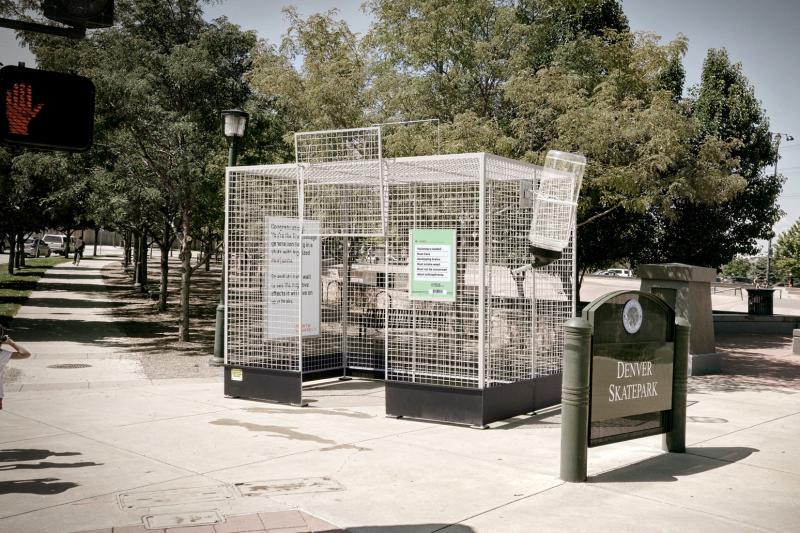 This human-scale lab rat cage is parked near a skate park in Denver, Colo., to make a point about the lack of science on marijuana. This human-scale lab rat cage is parked near a skate park in Denver, Colo., to make a point about the lack of science on marijuana.