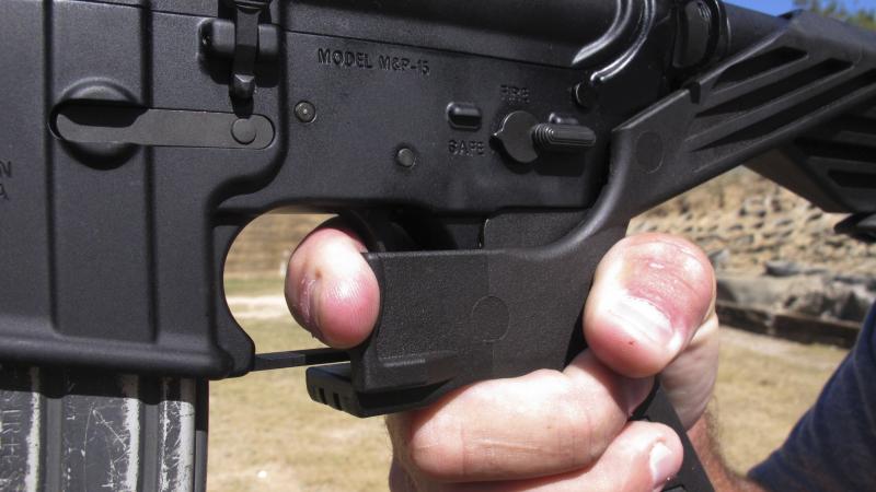 Bump stocks are now illegal to use in Columbia, S.C., after the city enacted a ban on the devices. In this photo from October, a shooting instructor shows the grip of an AR-15 rifle fitted with a bump stock. Bump stocks are now illegal to use in Columbia, S.C., after the city enacted a ban on the devices. In this photo from October, a shooting instructor shows the grip of an AR-15 rifle fitted with a bump stock.