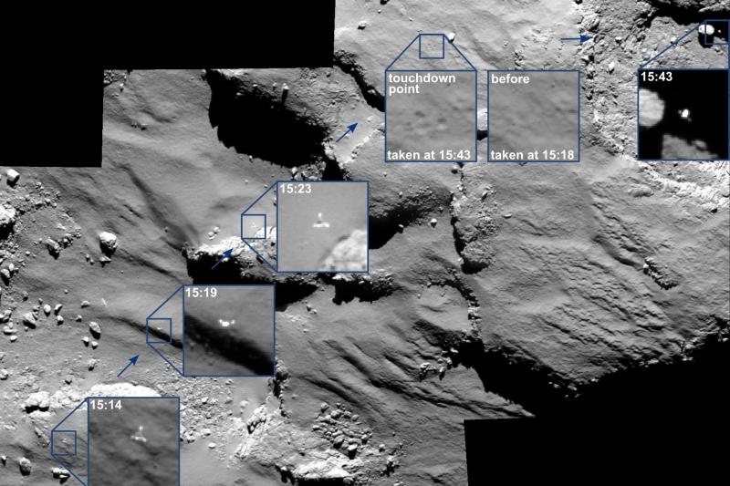 The Rosetta spacecraft, which orbits the comet, captured this series of images of the Philae lander bounding off the surface. The precise spot the lander came to a stop remains unknown. The Rosetta spacecraft, which orbits the comet, captured this series of images of the Philae lander bounding off the surface. The precise spot the lander came to a stop remains unknown.