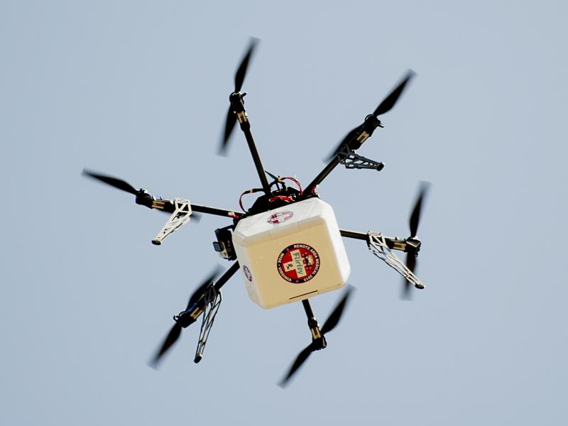 A drone takes a practice flight in Virginia with medical supplies — part of a project to evaluate the flying machines for use in humanitarian crises. A drone takes a practice flight in Virginia with medical supplies — part of a project to evaluate the flying machines for use in humanitarian crises.