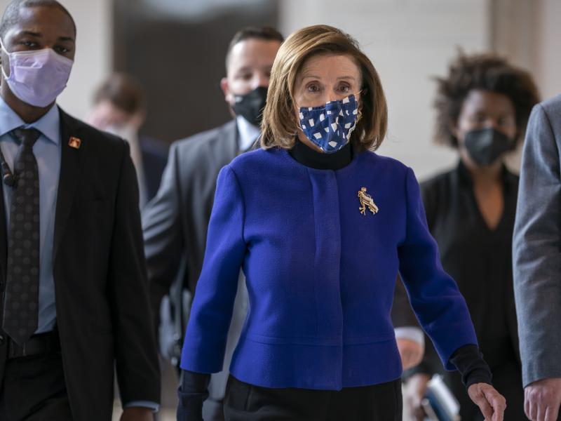 House Speaker Nancy Pelosi, D-Calif., arrives at the Capitol Thursday to update reporters on the must-pass priority of funding the government. House Speaker Nancy Pelosi, D-Calif., arrives at the Capitol Thursday to update reporters on the must-pass priority of funding the government.