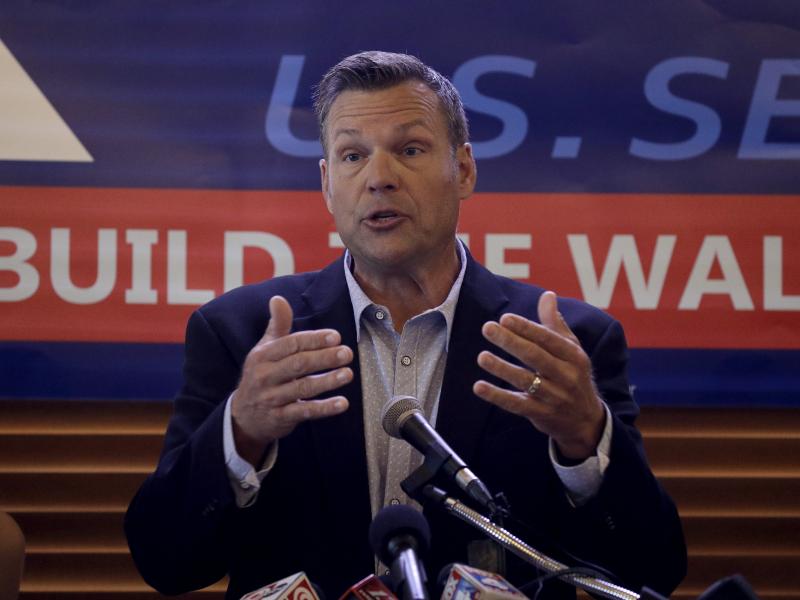Former Kansas Secretary of State Kris Kobach addresses the crowd as he announces his candidacy for the Republican nomination for the U.S. Senate Monday, July 8, 2019, in Leavenworth, Kan. (AP Photo/Charlie Riedel) Former Kansas Secretary of State Kris Kobach addresses the crowd as he announces his candidacy for the Republican nomination for the U.S. Senate Monday, July 8, 2019, in Leavenworth, Kan. (AP Photo/Charlie Riedel)