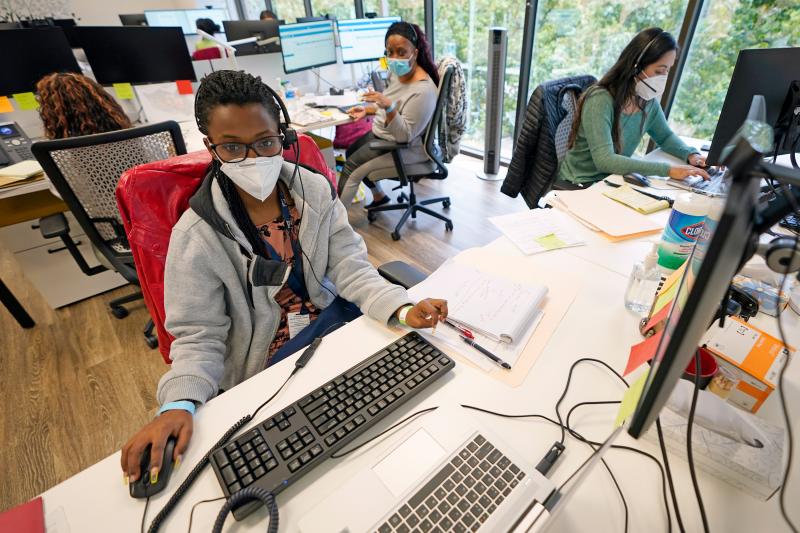 Contact tracers (from left) Christella Uwera, Dishell Freeman and Alejandra Camarillo work at Harris County Public Health Contact Tracing facility in Houston in June. Contact tracers (from left) Christella Uwera, Dishell Freeman and Alejandra Camarillo work at Harris County Public Health Contact Tracing facility in Houston in June.