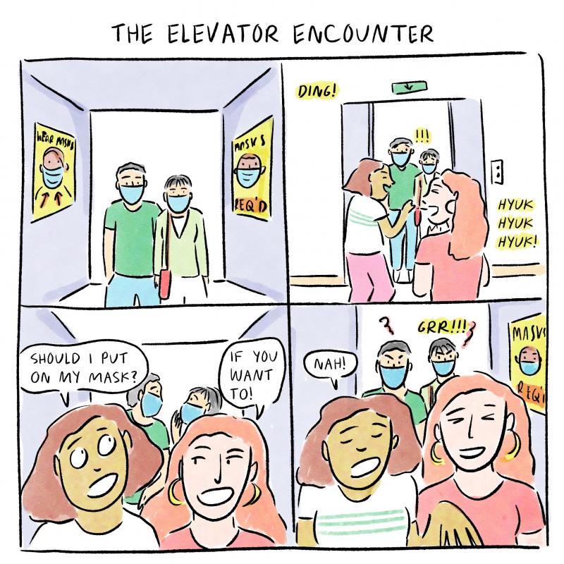 In a fleeting elevator contact, an individual with a good mask — an N95 or KN95, for example — would be unlikely to become either infected or spread the coronavirus, an expert on COVID-19 says. In a fleeting elevator contact, an individual with a good mask — an N95 or KN95, for example — would be unlikely to become either infected or spread the coronavirus, an expert on COVID-19 says.