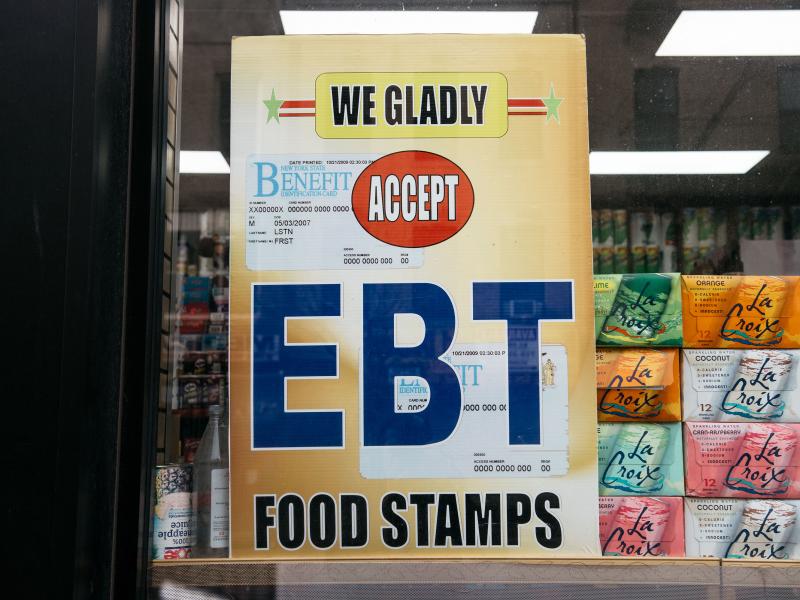 A sign alerting customers about SNAP food stamps benefits is displayed at a Brooklyn grocery store in December 2019. A sign alerting customers about SNAP food stamps benefits is displayed at a Brooklyn grocery store in December 2019.
