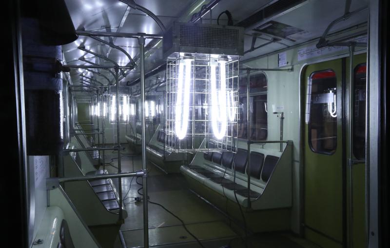 A quartz UV germicidal lamp is used to disinfect a train at the Sviblovo station of the Moscow Metro transit system. A quartz UV germicidal lamp is used to disinfect a train at the Sviblovo station of the Moscow Metro transit system.