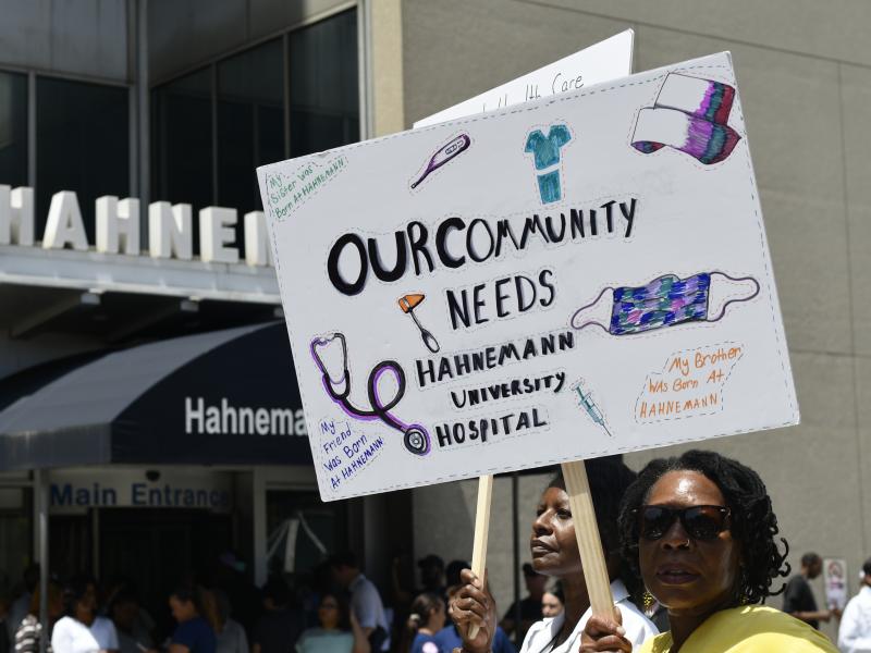 Philadelphia residents, hospital workers, and local politicians protested the imminent closure of Hahnemann University Hospital at a rally on July 15, 2019. In March 2020, city leaders tried but failed to strike a deal with the hospital's new owner to reo Philadelphia residents, hospital workers, and local politicians protested the imminent closure of Hahnemann University Hospital at a rally on July 15, 2019. In March 2020, city leaders tried but failed to strike a deal with the hospital's new owner to reo