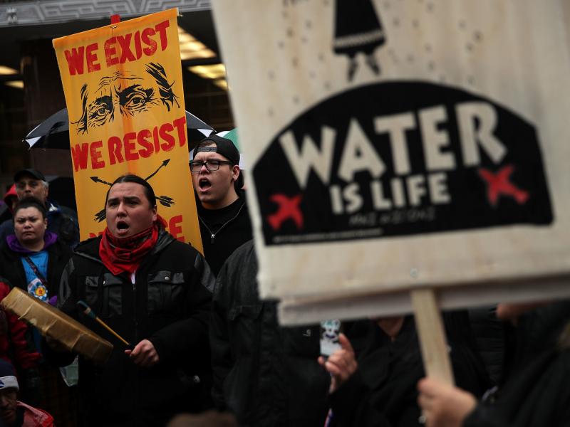 Members of the Standing Rock Sioux Tribe and its supporters, shown here during a demonstration in 2017, have opposed the Dakota Access Pipeline for years. Members of the Standing Rock Sioux Tribe and its supporters, shown here during a demonstration in 2017, have opposed the Dakota Access Pipeline for years.
