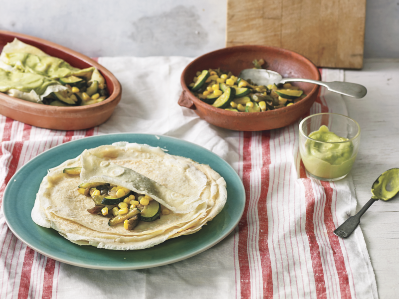 Crepes are a cousin of the enchilada, says Mexican chef Pati Jinich. A vestige of French intervention in Mexico, crepes are now considered classics of Mexican gastronomy. (Above) Jinich's crepe enchiladas with corn, poblano chiles and squash in an avocado Crepes are a cousin of the enchilada, says Mexican chef Pati Jinich. A vestige of French intervention in Mexico, crepes are now considered classics of Mexican gastronomy. (Above) Jinich's crepe enchiladas with corn, poblano chiles and squash in an avocado