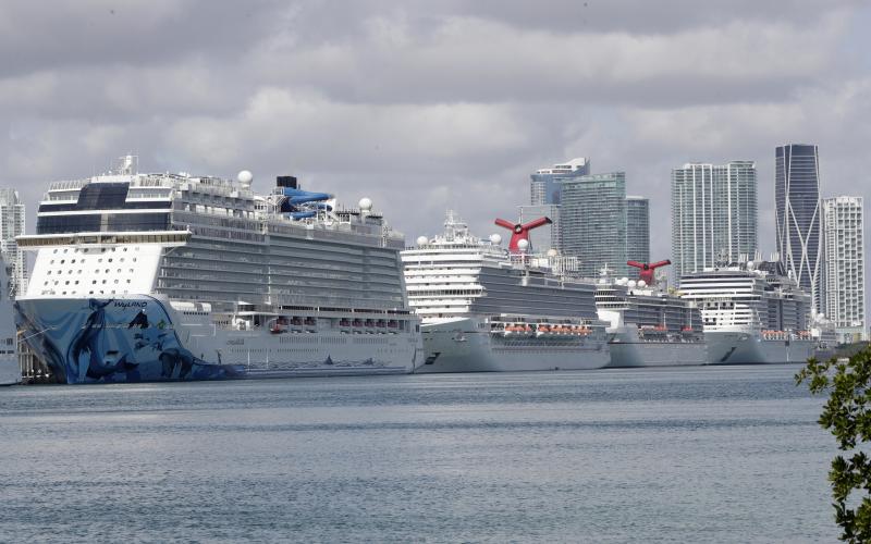 Cruise ships are docked at the Port of Miami in the spring. The Centers for Disease Control and Prevention suspended cruises from U.S. ports in March after coronavirus outbreaks on a number of ships. Cruise ships are docked at the Port of Miami in the spring. The Centers for Disease Control and Prevention suspended cruises from U.S. ports in March after coronavirus outbreaks on a number of ships.