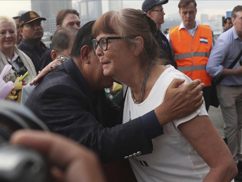 A passenger (right) is hugged by Cambodia Prime Minister Hun Sen after she disembarked from the MS Westerdam at the port of Sihanoukville, Cambodia, on Friday. A passenger (right) is hugged by Cambodia Prime Minister Hun Sen after she disembarked from the MS Westerdam at the port of Sihanoukville, Cambodia, on Friday.