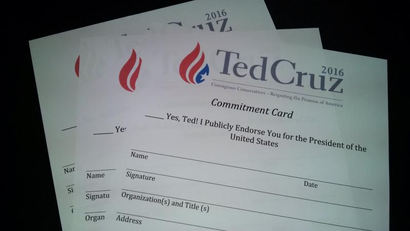 Commitment cards offered by the Ted Cruz presidential campaign during an event in Tennessee. Commitment cards offered by the Ted Cruz presidential campaign during an event in Tennessee.