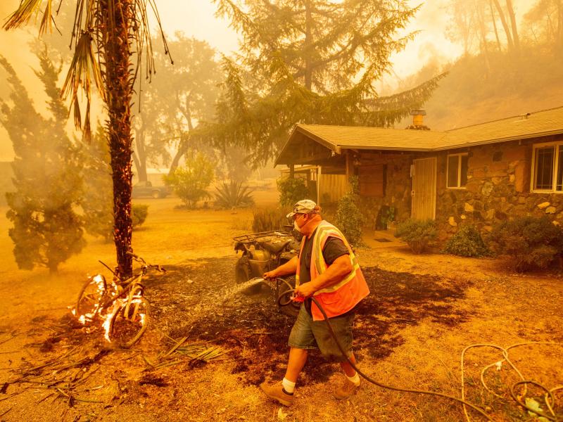 A Californian resident hoses down a burning bicycle and tree as flames from the Hennessey Fire approach a property in the Spanish Flat area of Napa, Calif., on Aug. 18. A Californian resident hoses down a burning bicycle and tree as flames from the Hennessey Fire approach a property in the Spanish Flat area of Napa, Calif., on Aug. 18.