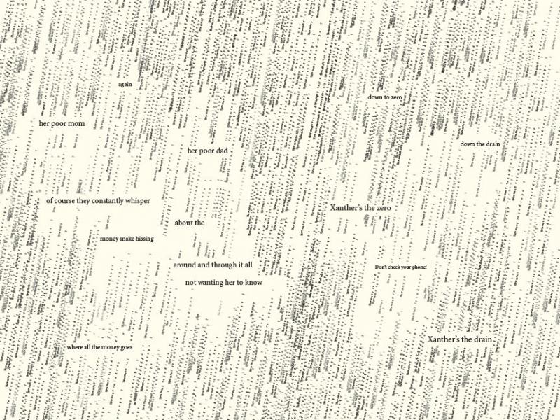 On pages 68-69 from Mark Danielewski's The Familiar, Volume 1, the main character Xanther looks out the window of her father's car during a rainy drive. On pages 68-69 from Mark Danielewski's The Familiar, Volume 1, the main character Xanther looks out the window of her father's car during a rainy drive.