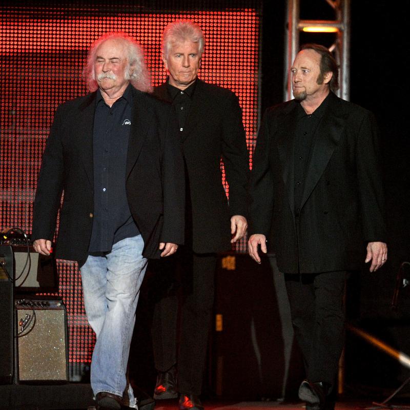 David Crosby (from left), Graham Nash and Stephen Stills of Crosby, Stills & Nash onstage in Los Angeles in 2010. They're supporting former bandmate Neil Young in pulling material from Spotify. David Crosby (from left), Graham Nash and Stephen Stills of Crosby, Stills & Nash onstage in Los Angeles in 2010. They're supporting former bandmate Neil Young in pulling material from Spotify.