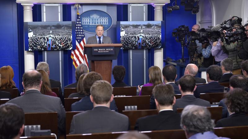 White House press secretary Sean Spicer delivers his first press briefing in the Brady Briefing Room on Saturday. White House press secretary Sean Spicer delivers his first press briefing in the Brady Briefing Room on Saturday.