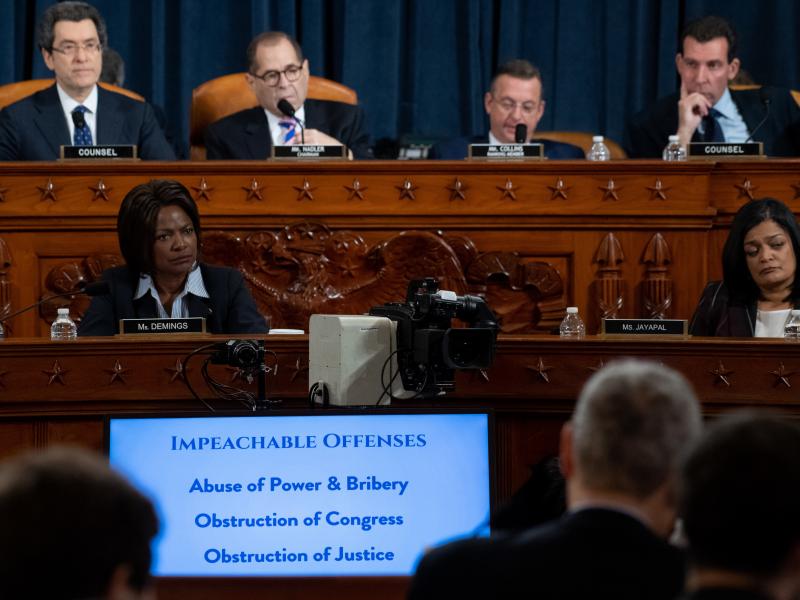 Impeachable offenses were listed on a monitor as the House Judiciary Committee listened to testimony by constitutional scholars earlier this week. Impeachable offenses were listed on a monitor as the House Judiciary Committee listened to testimony by constitutional scholars earlier this week.