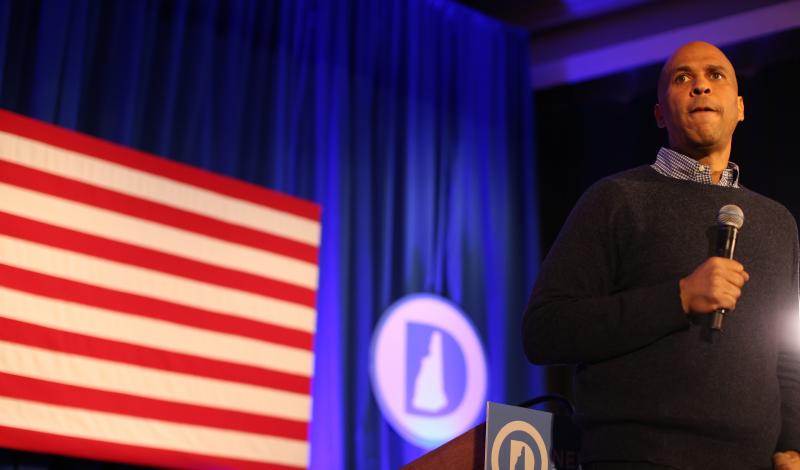 Sen. Cory Booker of New Jersey addresses a crowd in New Hampshire, which happens to be a key early presidential primary state. Sen. Cory Booker of New Jersey addresses a crowd in New Hampshire, which happens to be a key early presidential primary state.