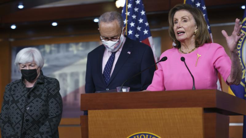 House Speaker Nancy Pelosi, Senate Majority Leader Chuck Schumer and Treasury Secretary Janet Yellen update reporters Thursday on Democratic efforts to pass President Biden's spending agenda. House Speaker Nancy Pelosi, Senate Majority Leader Chuck Schumer and Treasury Secretary Janet Yellen update reporters Thursday on Democratic efforts to pass President Biden's spending agenda.