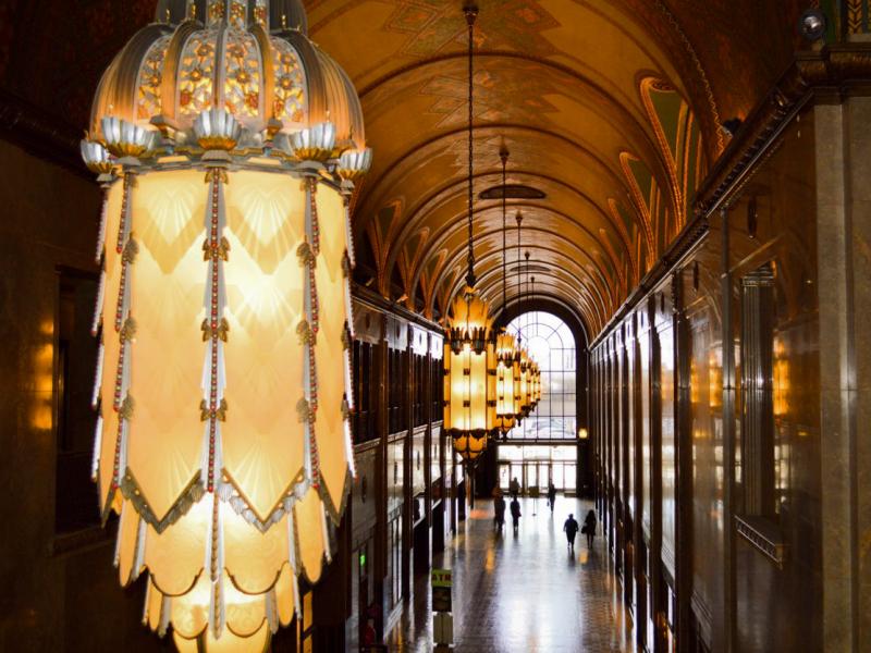 Detroit's iconic Fisher building has an ornate interior full of marble, bronze and art deco design. Detroit's iconic Fisher building has an ornate interior full of marble, bronze and art deco design.