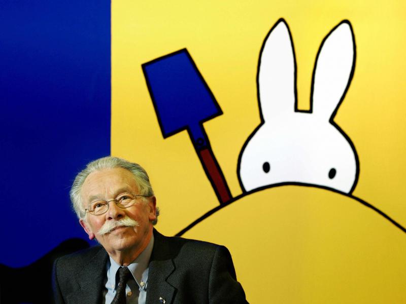 Dick Bruna at the opening of his 2005 exhibit of Miffy creations in the Hague. Bruna's iconic white rabbit proved to be popular worldwide. Dick Bruna at the opening of his 2005 exhibit of Miffy creations in the Hague. Bruna's iconic white rabbit proved to be popular worldwide.