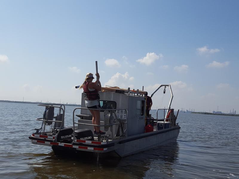 Lindsay Cristides, a master's student in oceanography at Texas A&M University, anchors a research vessel in the Houston Ship Channel before taking samples of sediment left behind by Hurricane Harvey floods. The samples will be tested for contaminants incl Lindsay Cristides, a master's student in oceanography at Texas A&M University, anchors a research vessel in the Houston Ship Channel before taking samples of sediment left behind by Hurricane Harvey floods. The samples will be tested for contaminants incl