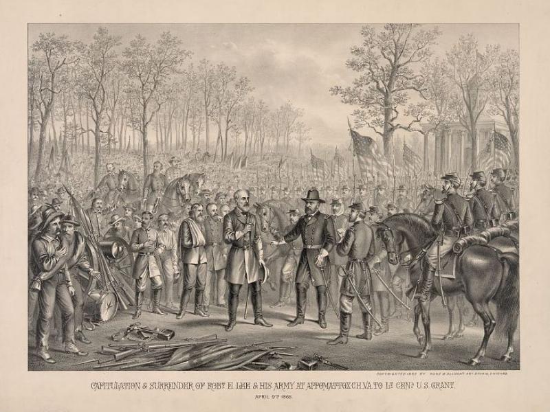 An engraving depicts Confederate Gen. Robert E. Lee's surrender to Union Gen. Ulysses S. Grant in Appomattox, Va. An engraving depicts Confederate Gen. Robert E. Lee's surrender to Union Gen. Ulysses S. Grant in Appomattox, Va.